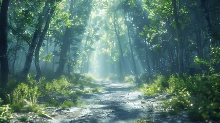 A misty forest path with sunlight filtering through the trees under a clear sky