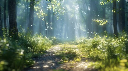 A misty forest path with sunlight filtering through
