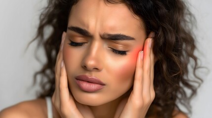 Woman holding her head in pain with red spot