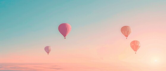 Obraz premium Pastel hot air balloons in a clear sky, soft and whimsical, ideal for a childs room or playful space