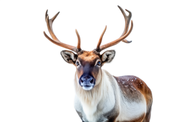 Portrait of Reindeer with Large Antlers Facing Forward Isolated on White Transparent Background, PNG Element