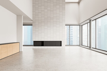 Fototapeta premium Home empty living room interior and panoramic window on skyscrapers
