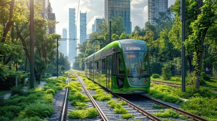 Naklejka premium Illustrate a blank style mock-up of an eco-friendly public transit system using electric buses and trams