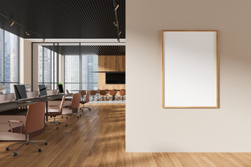 Wooden office room interior with coworking and meeting space, mock up frame