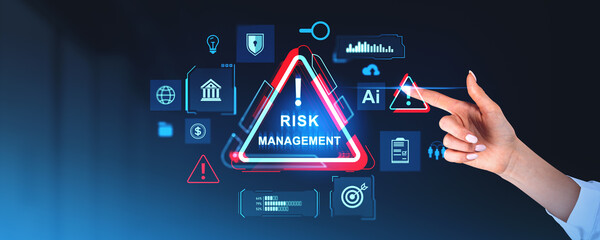 Businesswoman finger touch risk management hologram with business icons