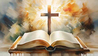 Christian Cross with Bible - Symbol of Christianity - Enlightening by Reading the Bible - Book of Christians - Cross symbol - Crucifixion of Jesus Christ - Holy Rays - Blessing from Above