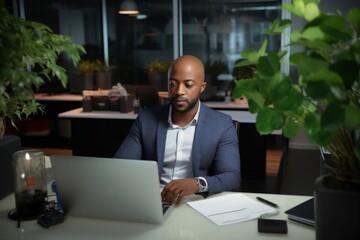 A Black ethnic businessman is joining business online video conference on a laptop in the office