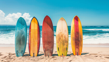 Colorful surfboards standing upright in the sand on a sunny beach, ocean waves in the background, vibrant and energetic, realistic photography, high detail, adventure spirit
