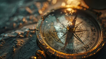 Obraz premium Vintage compass on an ancient map illuminated by warm light symbolizing adventure, navigation, and exploration.