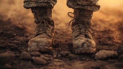 Close-up of military boots on muddy terrain, symbolizing strength, resilience, and determination in harsh conditions.