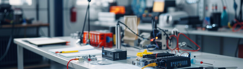 Solidstate battery prototypes on a workbench with research notes and lab equipment, realistic photography, sharp focus, advanced development, cuttingedge energy solutions