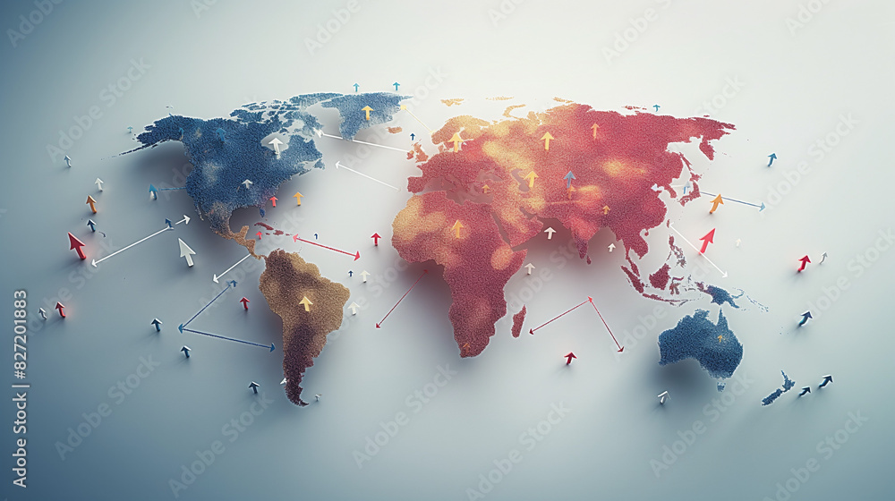 Poster a world map animation with arrows pointing outwards from the home country, showcasing global expansi