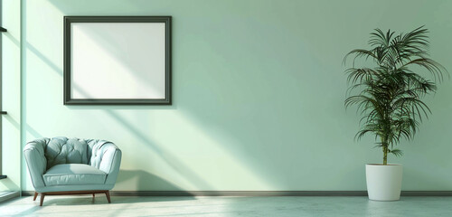 Fototapeta premium Modern empty gallery frame on a pale green wall, elegant and contemporary