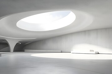 Minimalist Architectural Design with Open Courtyard and Curved Concrete Walls for Museum or Display...