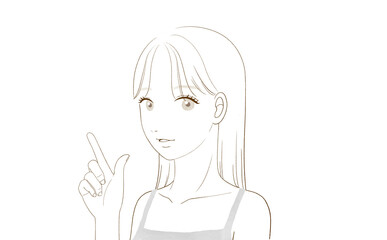 指をさしてる若い女性 の正面（ロングヘア）	