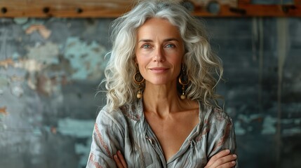 Fototapeta premium portrait of a senior woman with arm crossed on wall