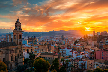 Obraz premium A beautiful sunset over a city with a clock tower in the background