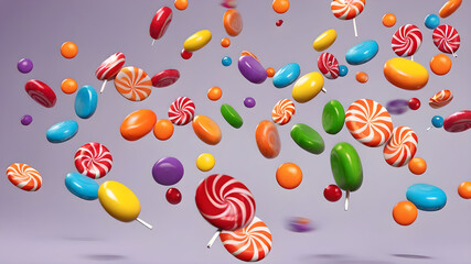 Colorful candies flying on the background, Generative AI