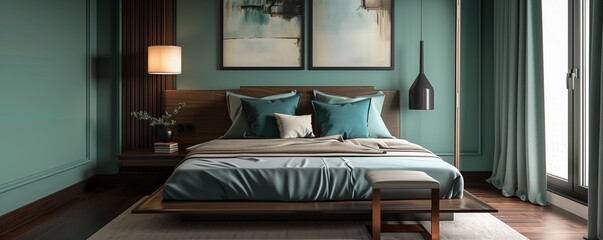 A contemporary bedroom with walls in a muted teal