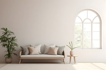 Fototapeta premium Tranquil Beige Living Room with Arched Window and Minimalist Decor