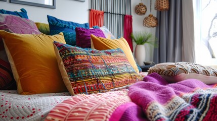 A bed with a colorful blanket and pillows