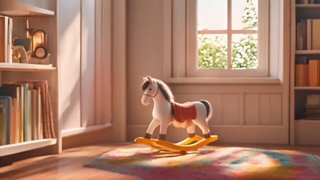 Beautiful baby room interior with toys, rocking horse and modern changing table