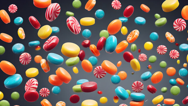 Colorful candies flying on the background, Generative AI