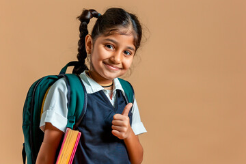 A young girl is smiling and holding a backpack and a book