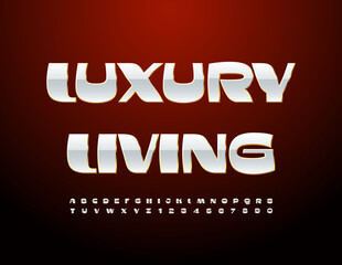 Vector elite emblem Luxury Living. Exclusive White and Golden Font. Premium Alphabet Letters and Numbers set.