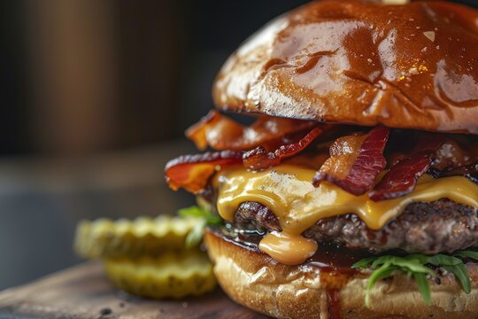 Close-up of a Delicious Bacon Cheeseburger with Pickles