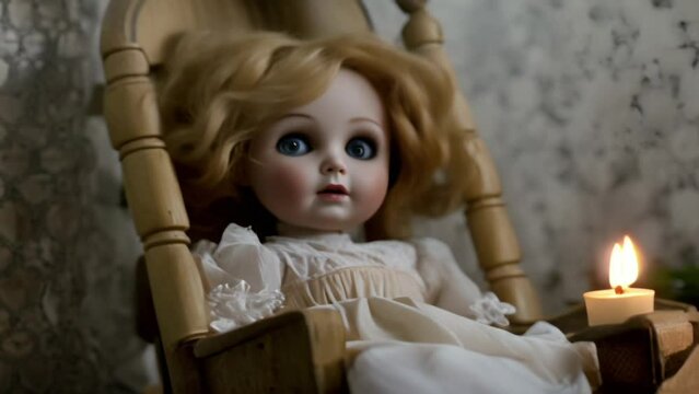 creepy doll sitting on a rocking chair in a dimly lit room. Generative AI