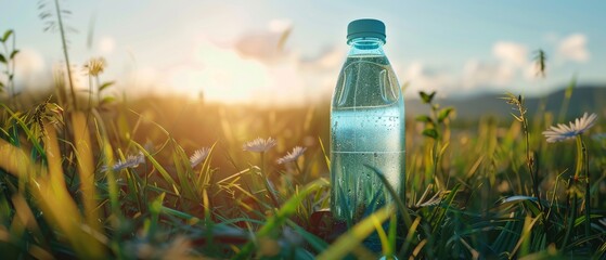 Produce a photorealistic image of a biodegradable water bottle made from renewable plastics, showcasing its eco-friendly properties
