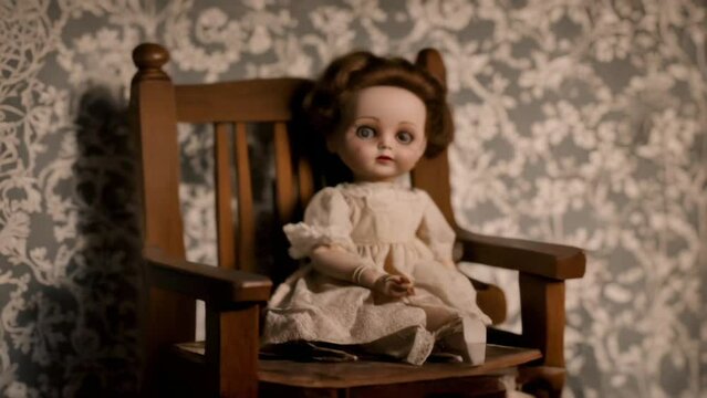 creepy doll sitting on a rocking chair in a dimly lit room. Generative AI