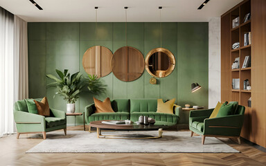 Modern Interior living room wall mockup with leather sofa and decor, generated ai