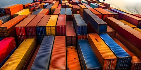 Fototapeta premium Aerial view of cargo ship displaying vibrant containers under clear skies. Concept Aerial Photography, Cargo Ship, Colorful Containers, Clear Skies, Vibrant Display