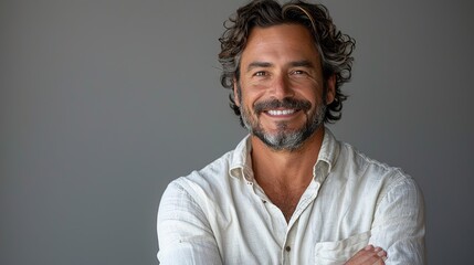 portrait of smiling man with crossed arms on white background