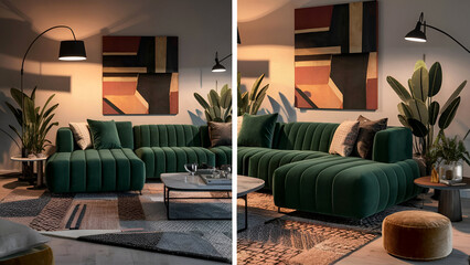 Interior living room wall mockup with leather sofa and decor, generated ai