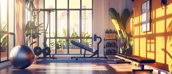 Produce a vibrant, digital illustration of a sleek home gym setup with modern equipment bathed in natural light for a motivating workout atmosphere