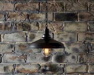 Produce an image of a sleek, black pendant light with an exposed Edison bulb hanging from a rustic metal chain, set against a brick wall with dramatic shadows