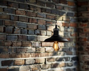 Obraz premium Produce an image of a sleek, black pendant light with an exposed Edison bulb hanging from a rustic metal chain, set against a brick wall with dramatic shadows