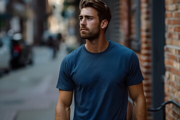 Brooding Urban Gentleman in Navy Tee Exudes Gritty Documentary Aesthetic on City Sidewalk