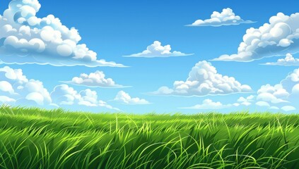 Fototapeta premium A beautiful grassy field with a blue sky and white clouds in the background, in the style of cartoon.