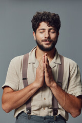 Face man person background portrait young guy attractive expression white isolated pray happy adult