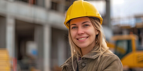 Close-up portrait of a lovely woman civil engineer against a sunset background