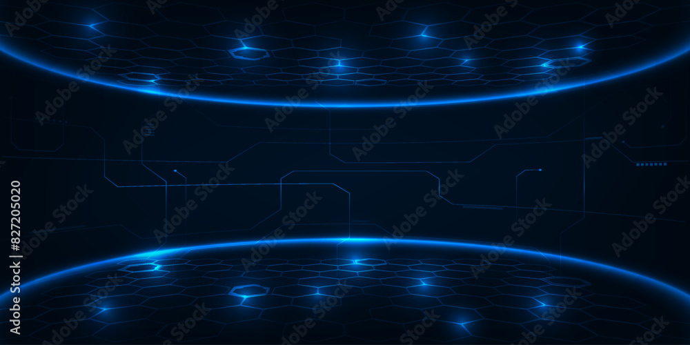 Poster vector illustrations of virtual digital futuristic glowing neon stage with digital element around an