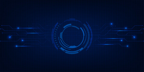 Abstract blue futuristic hi tech digital technology background with circle head up display and digital circuit element pattern.