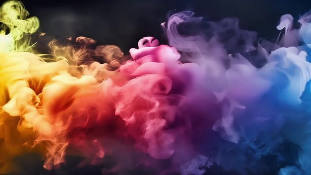 A surreal scene unfolds as multicolored smoke takes center stage against a pitch black background.