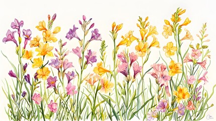 Sketch a scene of freesias, their slender stems topped with fragrant, trumpet-shaped blooms in shades of yellow, pink, and purple