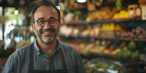 Obraz premium Middleaged entrepreneur standing proudly in his shop looking confident and successful. Concept Entrepreneurship, Success, Small Business, Confidence, Professional Portrait