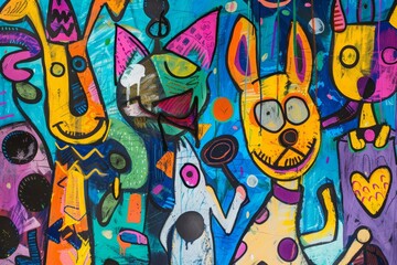 Abstract colorful graffiti style illustration animals. AI generative art
